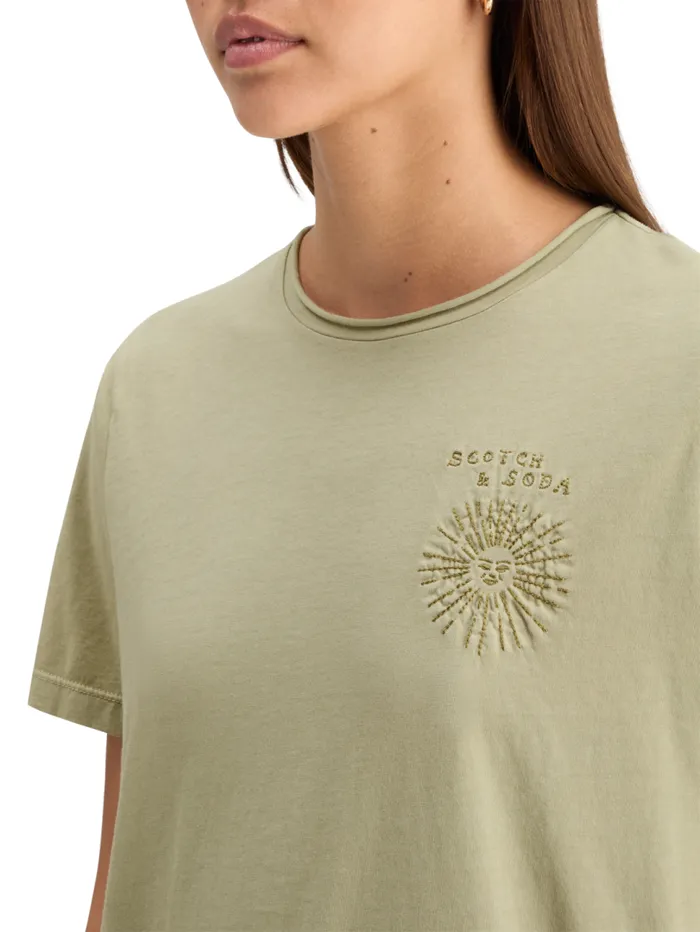 WASHED WITH CHEST ARTWORK RELAXED FIT TSHIRT Washed Sage Women Scotch and Soda Tops and TShirts WASHED WITH CHEST ARTWORK RELAXED FIT TSHIRT Washed Sage Women Scotch and Soda Tops and TShirts