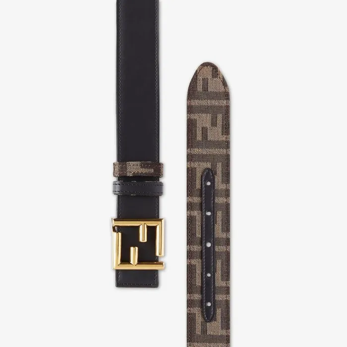 Woman Black Leather And Ff Fabric Reversible Belt Black Fendi Belts