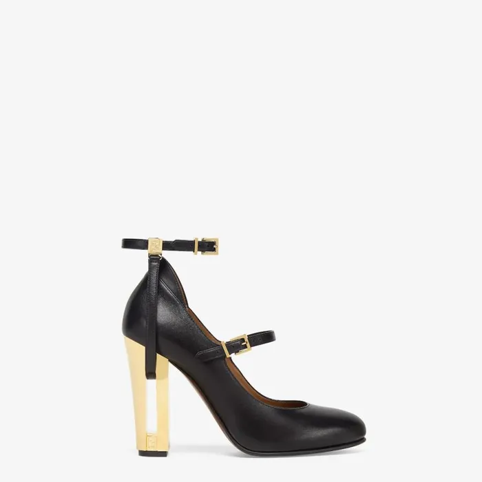Woman Black Leather HighHeeled Court Shoes Black Fendi Pumps and Slingbacks