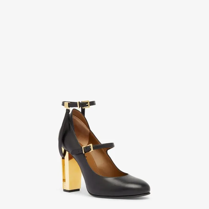 Woman Black Leather HighHeeled Court Shoes Black Fendi Pumps and Slingbacks
