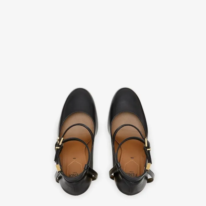Woman Black Leather HighHeeled Court Shoes Black Fendi Pumps and Slingbacks