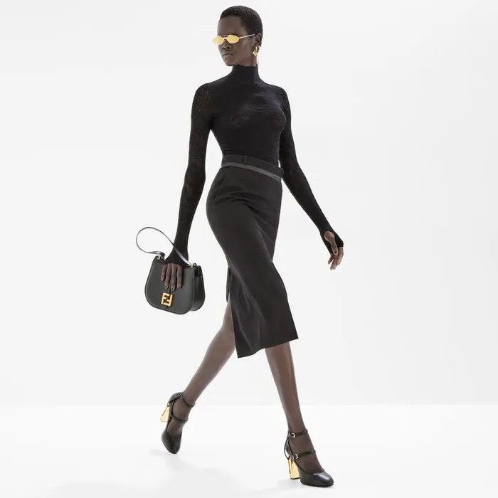 Woman Black Leather HighHeeled Court Shoes Black Fendi Pumps and Slingbacks