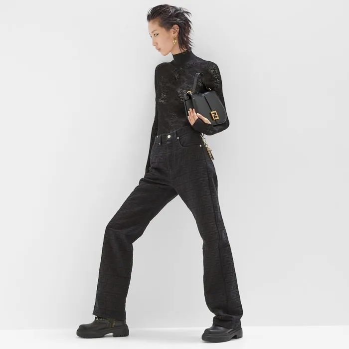 Woman Blue Jacquard Denim Trousers Blue Fendi Denim