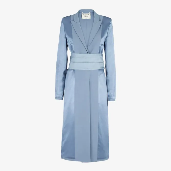 Woman Blue Satin And Wool Gabardine Overcoat Blue Fendi Coats and Outerwear