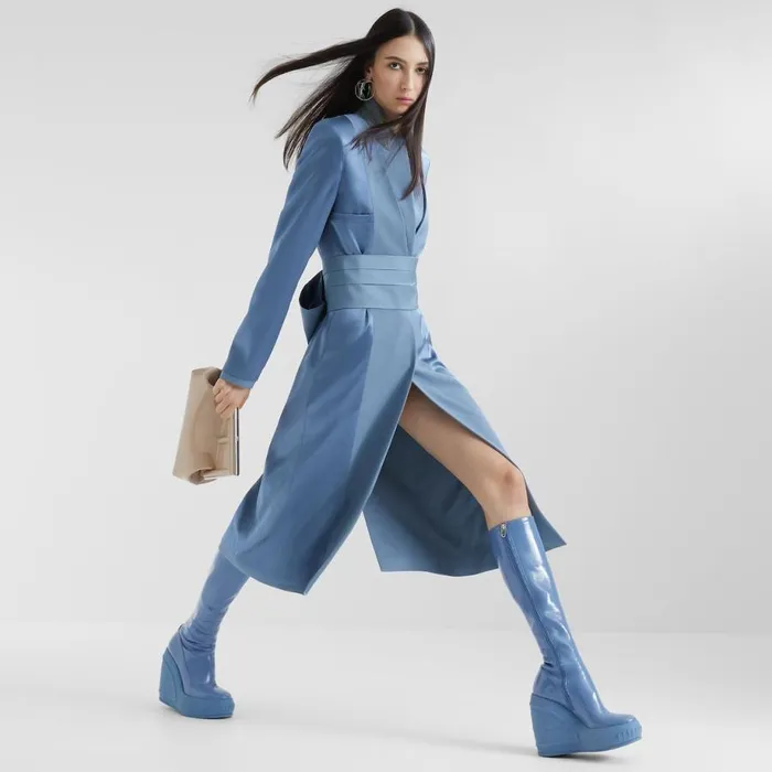 Woman Blue Satin And Wool Gabardine Overcoat Blue Fendi Coats and Outerwear