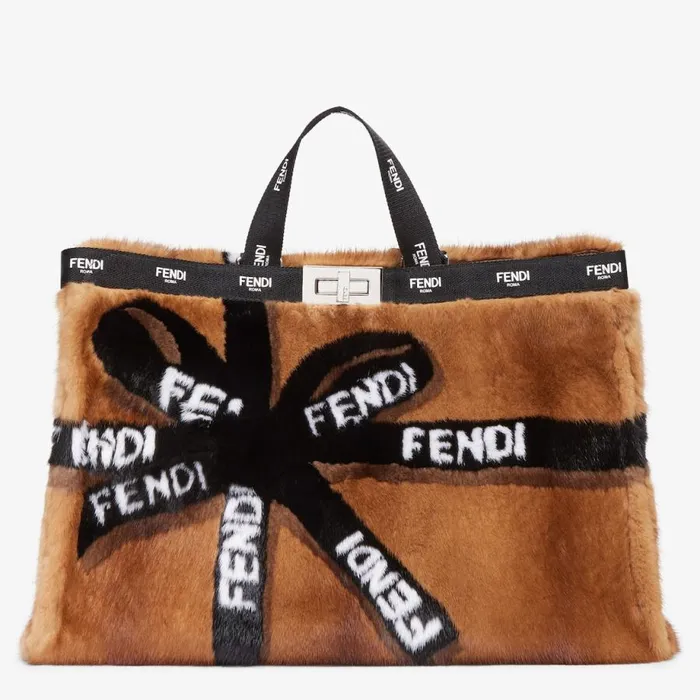 Woman Brown Mink Shopper With Ribbon Inlay Brown Fendi Tote Bags