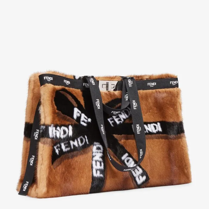 Woman Brown Mink Shopper With Ribbon Inlay Brown Fendi Tote Bags