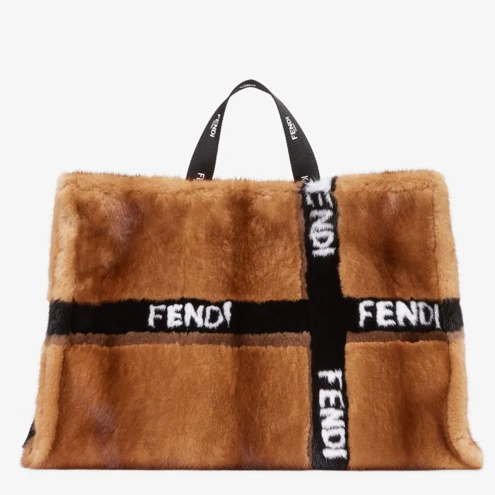 Woman Brown Mink Shopper With Ribbon Inlay Brown Fendi Tote Bags