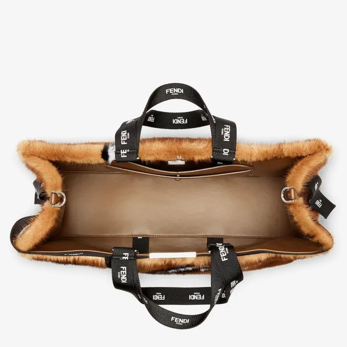 Woman Brown Mink Shopper With Ribbon Inlay Brown Fendi Tote Bags