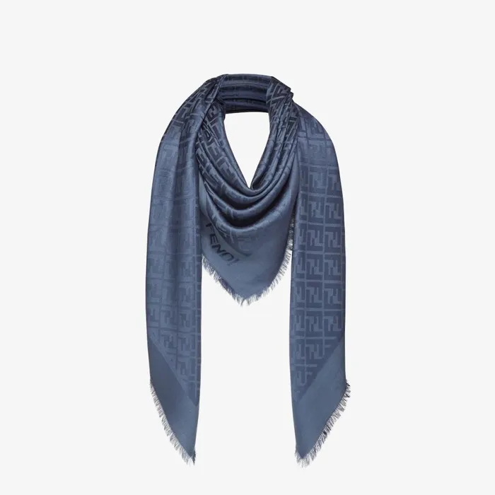 Woman Dark Blue Organic Silk And Wool Shawl Blue Fendi Scarves and Silks