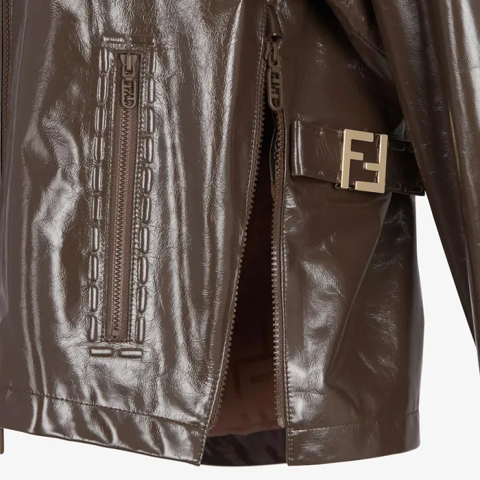 Woman Glossy Brown Leather Jacket Brown Fendi Coats and Outerwear