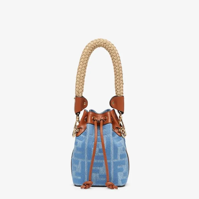 Woman Light Blue Denim MiniBag With Ff Embroidery Light Blue Fendi Mini Bags