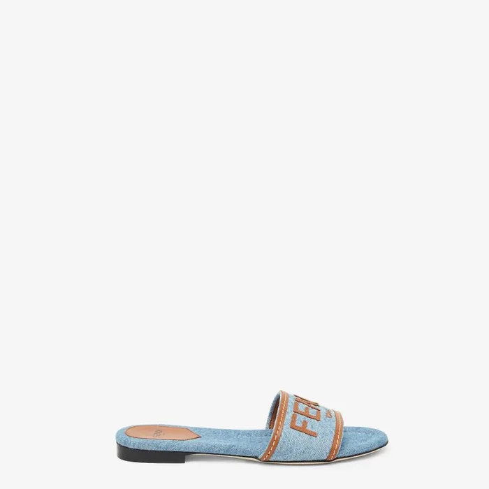 Woman Light Blue Denim Slides Multicolour Fendi Slides and Mules