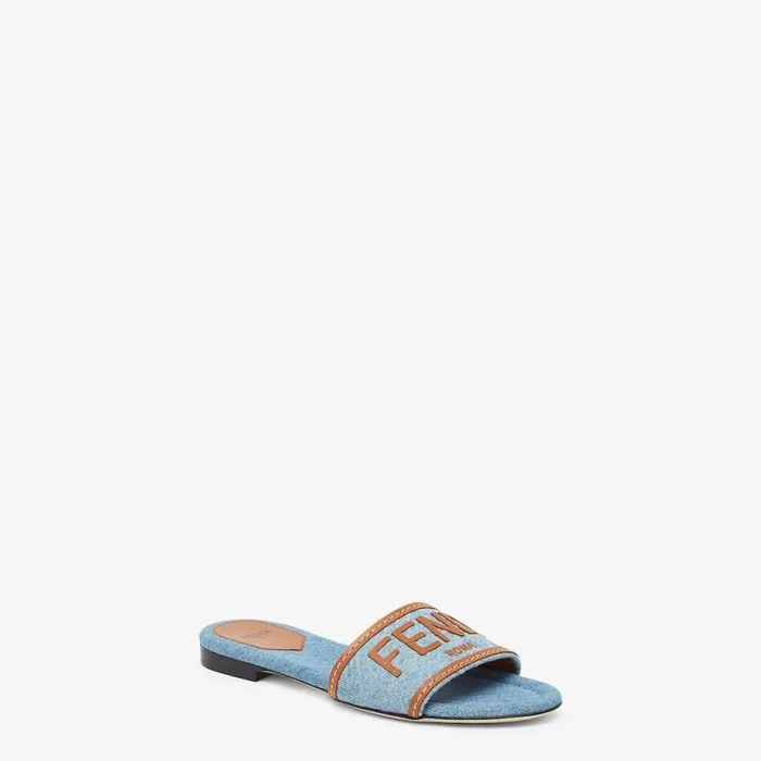 Woman Light Blue Denim Slides Multicolour Fendi Slides and Mules