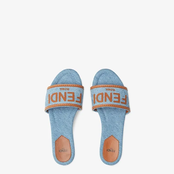 Woman Light Blue Denim Slides Multicolour Fendi Slides and Mules