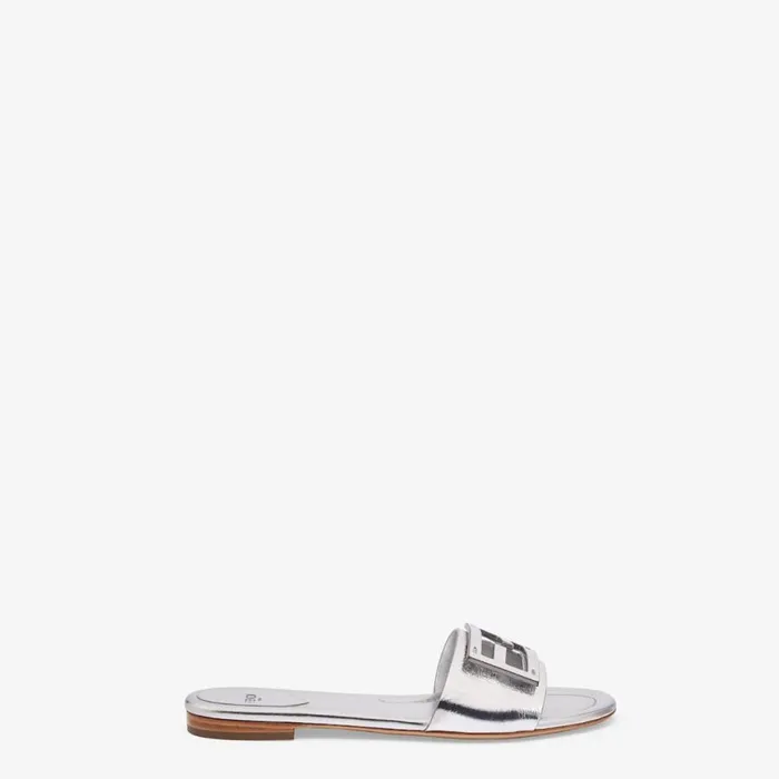 Woman Silver Nappa Leather Slides Silver Fendi Slides and Mules