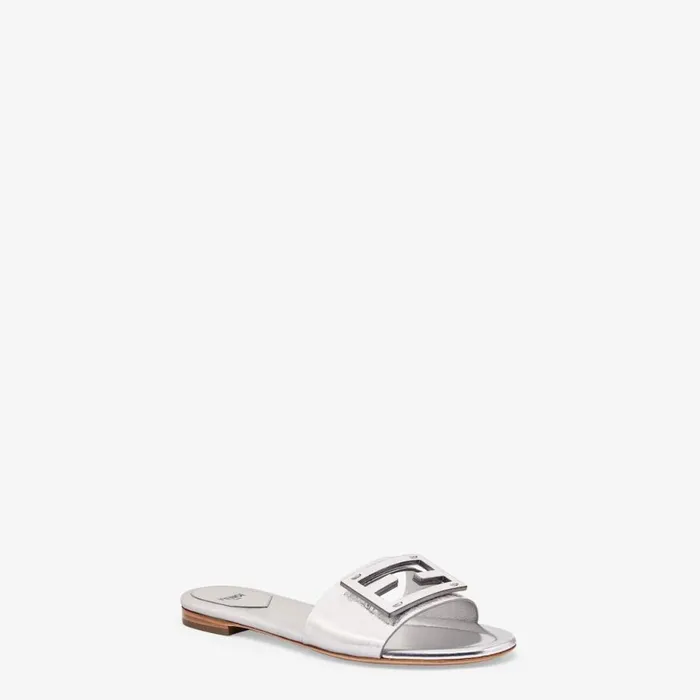 Woman Silver Nappa Leather Slides Silver Fendi Slides and Mules