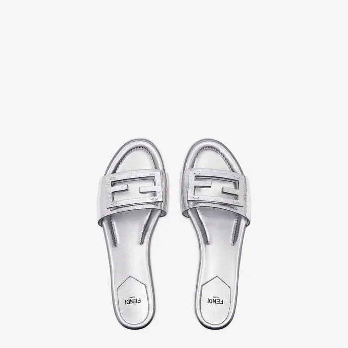 Woman Silver Nappa Leather Slides Silver Fendi Slides and Mules