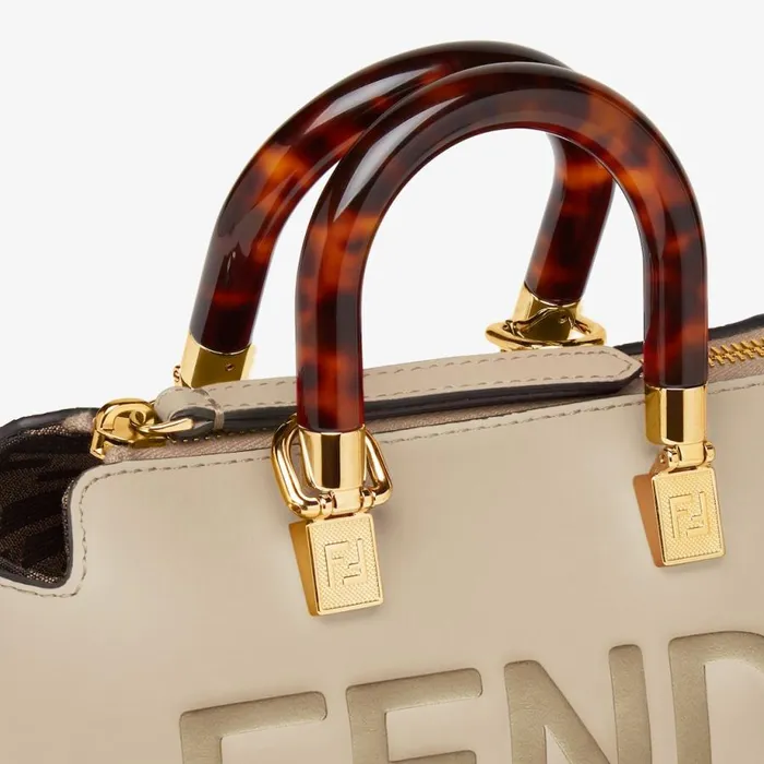 Woman Small Boston Bag In Dove Grey Leather Beige Fendi Boston Bags