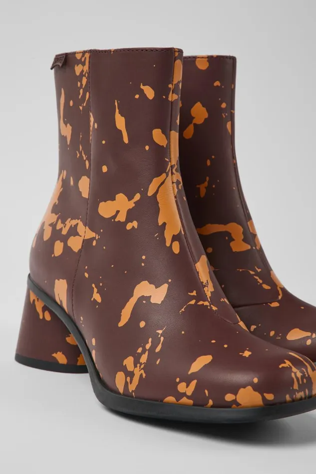 Women Camper Ankle Boots Kiara Burgundy And Orange Printed Leather Ankle Boots