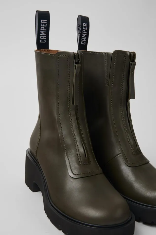 Women Camper Ankle Boots Milah Green Leather Zip Boots