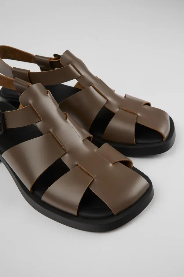 Women Camper Flat Shoes Dana Brown Leather Sandals