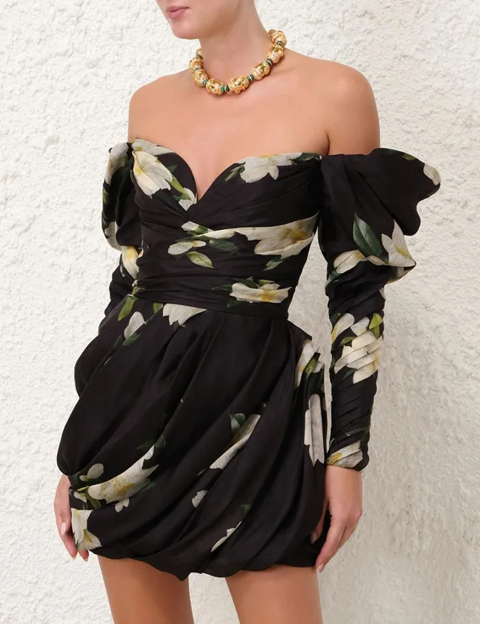 Women Clothing Zimmermann Harmony Drape Mini Dress Black Magnolia