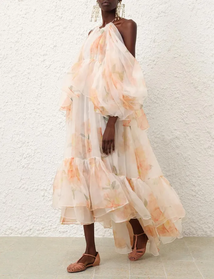 Women Clothing Zimmermann Natura Gathered Midi Dress Ivory Camellia