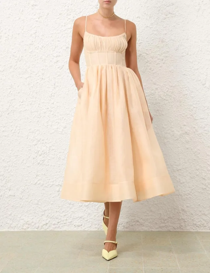 Women Clothing Zimmermann Natura Ruched Midi Dress Light Peach