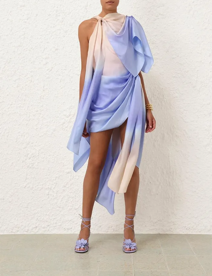 Women Clothing Zimmermann Natura Scarf Mini Dress Blue Fields