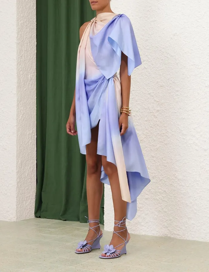 Women Clothing Zimmermann Natura Scarf Mini Dress Blue Fields