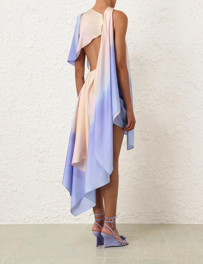Women Clothing Zimmermann Natura Scarf Mini Dress Blue Fields