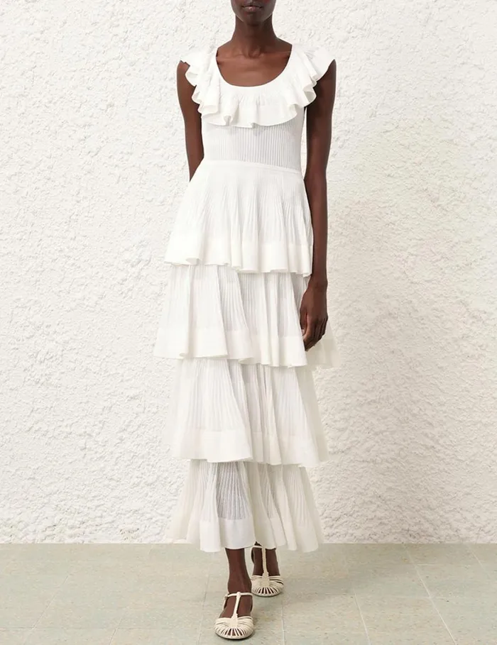 Women Clothing Zimmermann Natura Tiered Ruffle Dress Cream