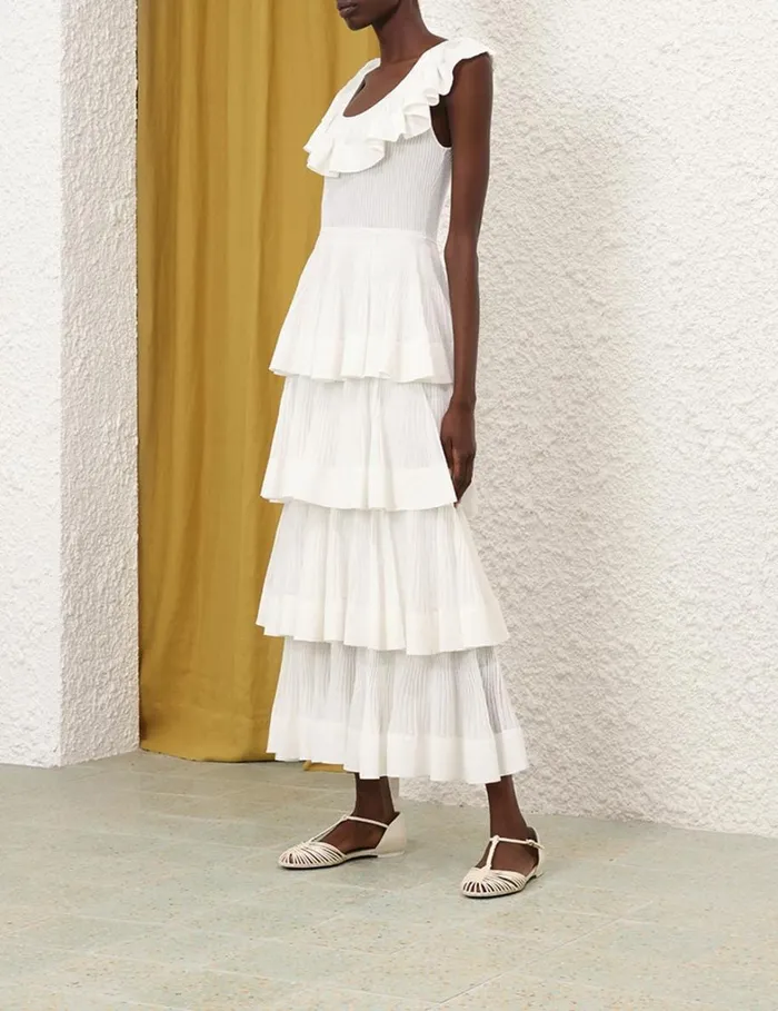 Women Clothing Zimmermann Natura Tiered Ruffle Dress Cream