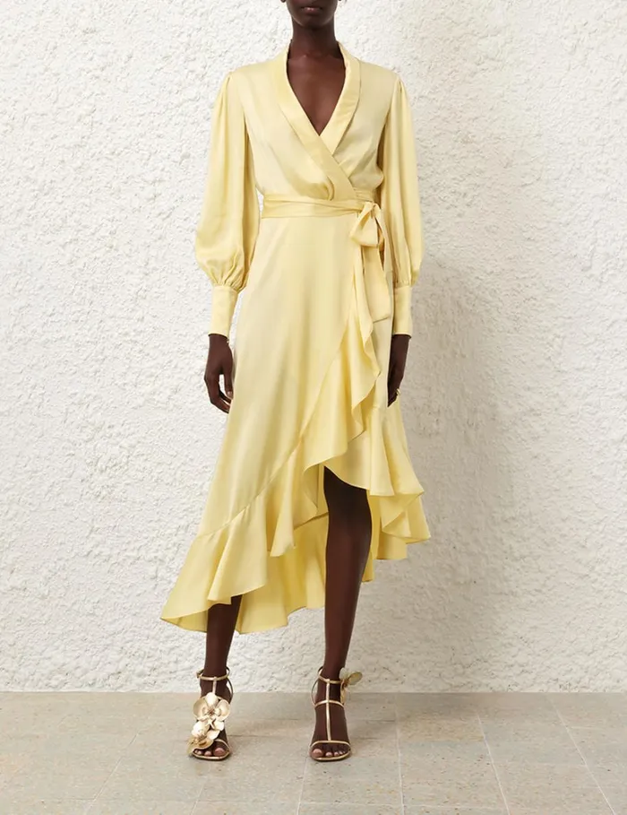 Women Clothing Zimmermann Silk Wrap Midi Dress Butter