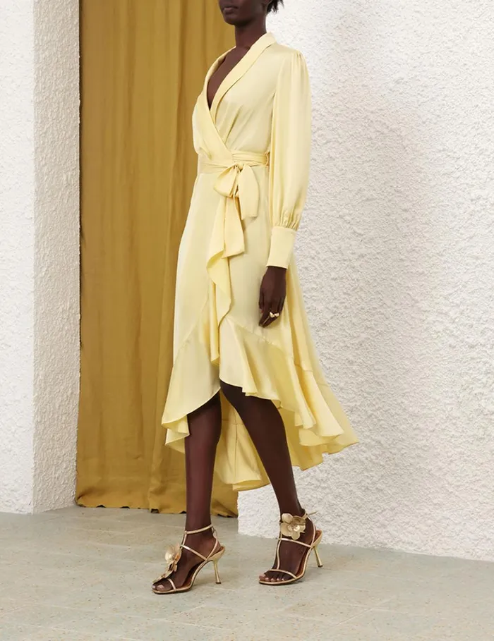 Women Clothing Zimmermann Silk Wrap Midi Dress Butter