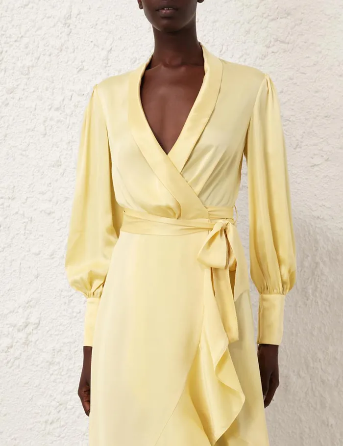 Women Clothing Zimmermann Silk Wrap Midi Dress Butter