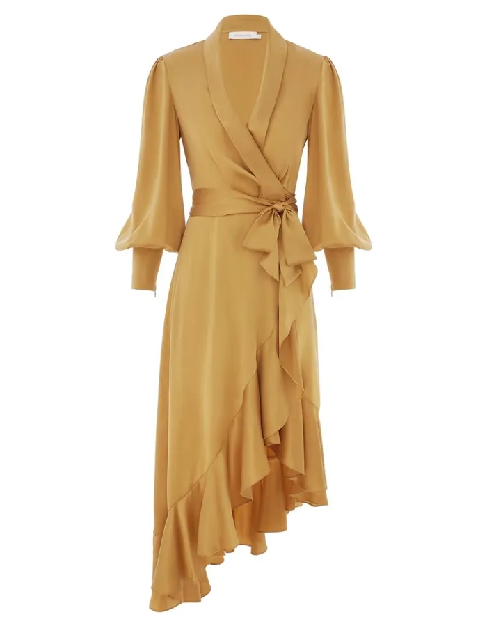 Women Clothing Zimmermann Silk Wrap Midi Dress Honey