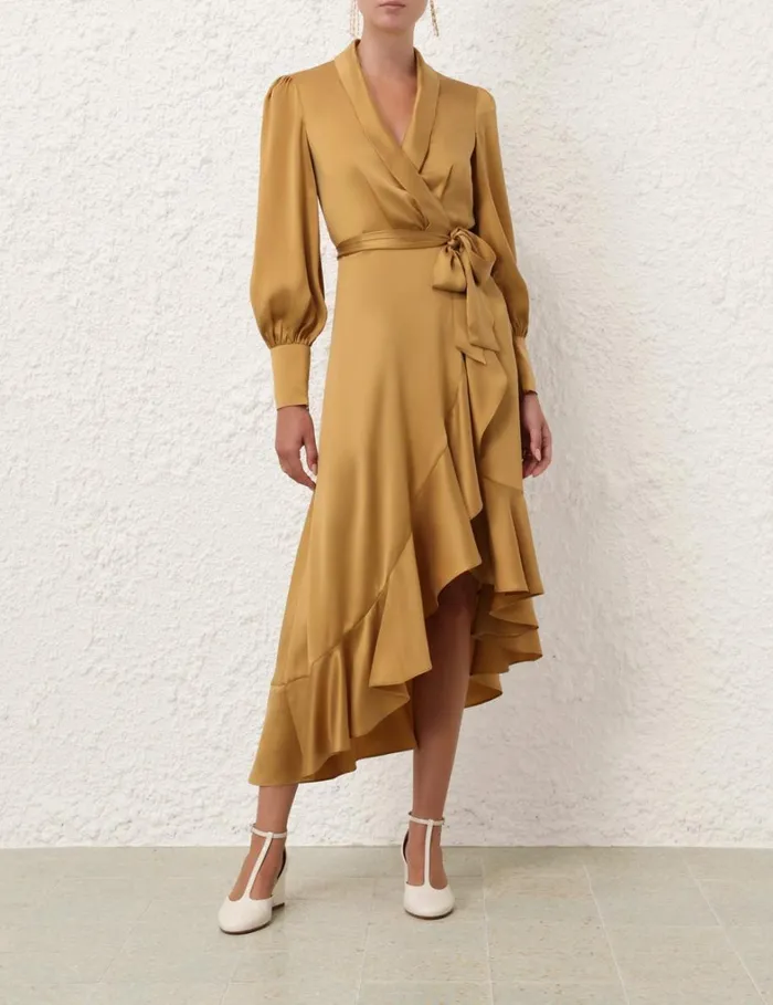Women Clothing Zimmermann Silk Wrap Midi Dress Honey