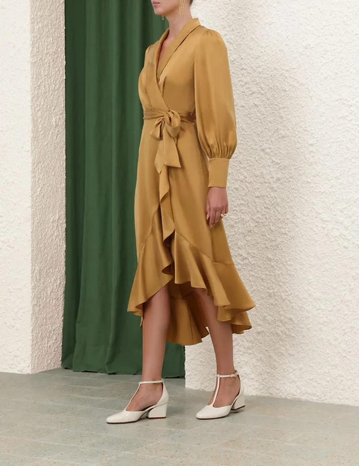 Women Clothing Zimmermann Silk Wrap Midi Dress Honey