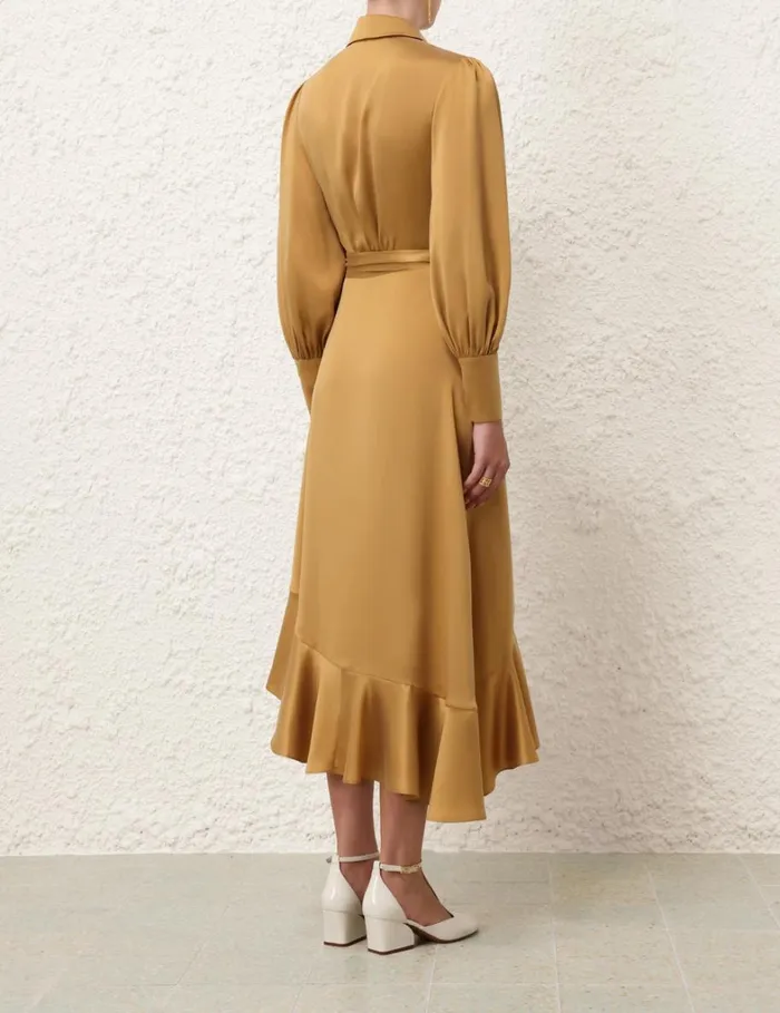 Women Clothing Zimmermann Silk Wrap Midi Dress Honey