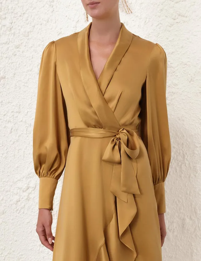 Women Clothing Zimmermann Silk Wrap Midi Dress Honey