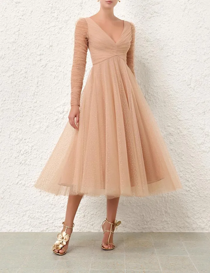 Women Clothing Zimmermann Tulle Ballet Dress Nudegold Dot