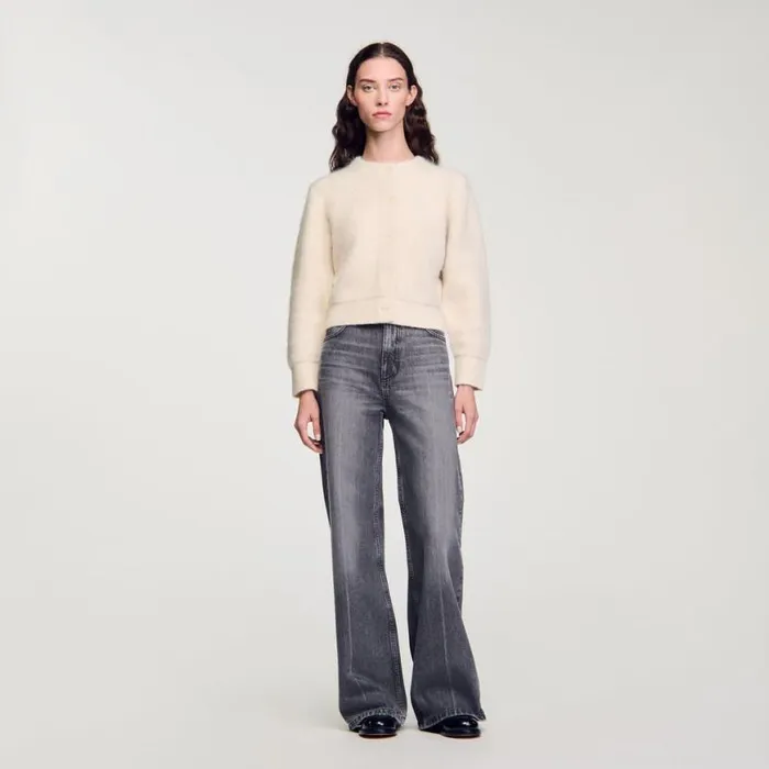 Women Coatigans SANDRO Cropped Fluffy Knit Cardigan Ecru