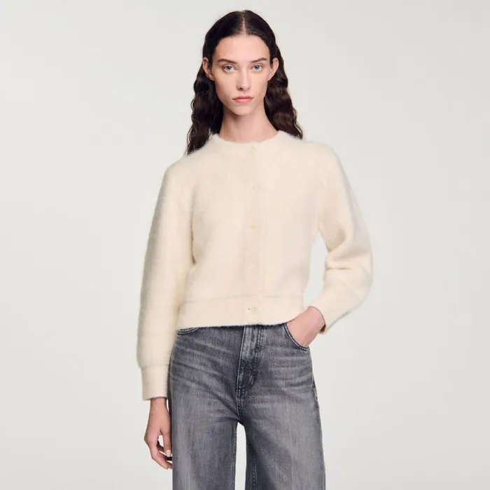 Women Coatigans SANDRO Cropped Fluffy Knit Cardigan Ecru