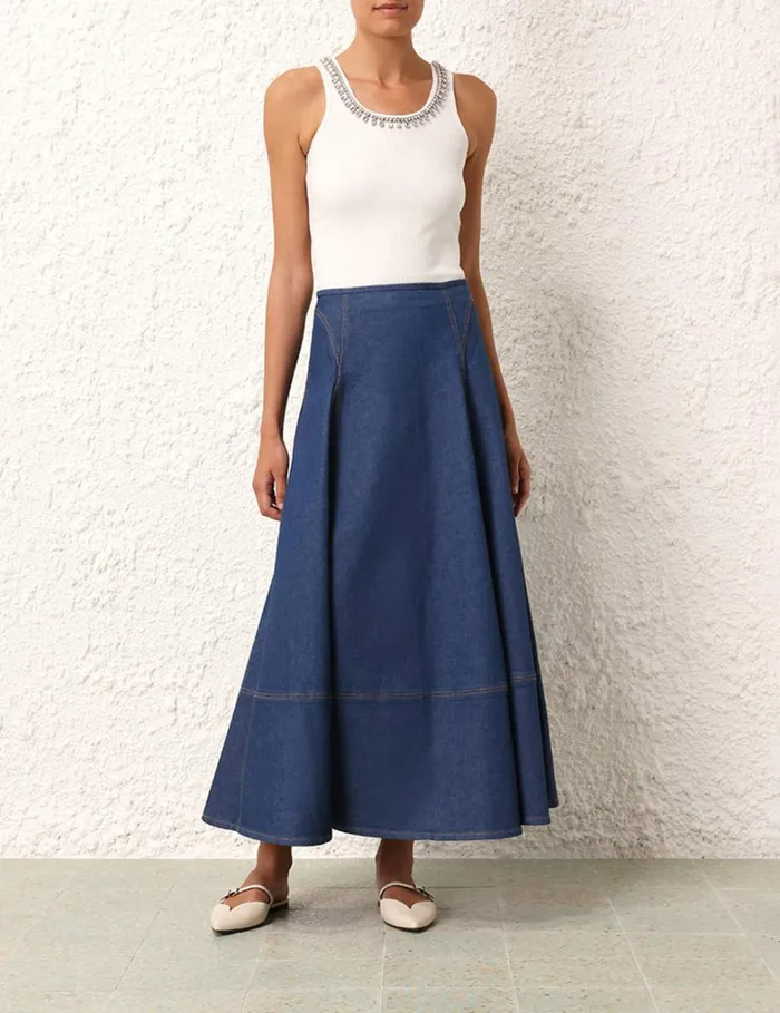 Women Denim Zimmermann Matchmaker Denim Flare Skirt Railway Blue