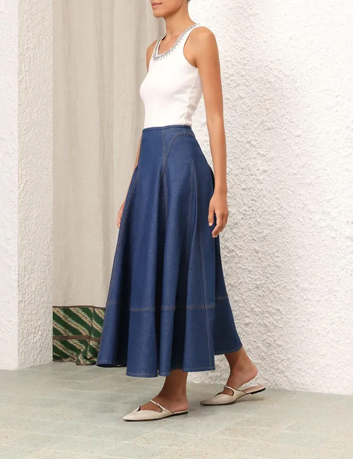 Women Denim Zimmermann Matchmaker Denim Flare Skirt Railway Blue