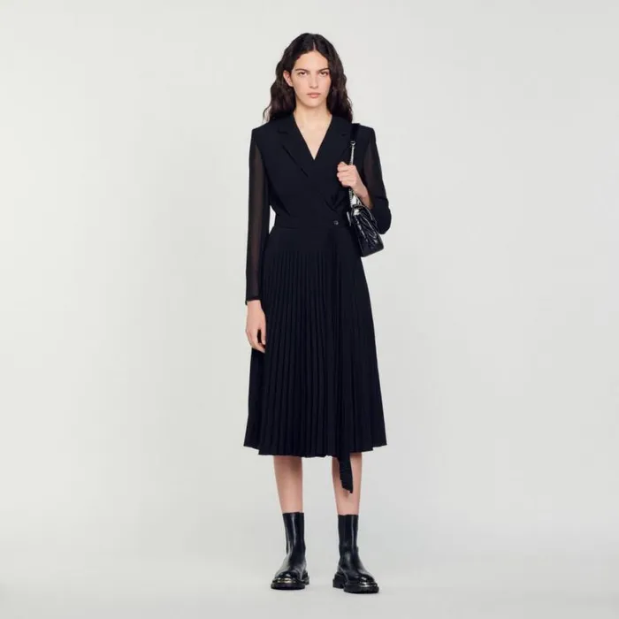 Women Dresses SANDRO Dualmaterial Longsleeved Dress Black