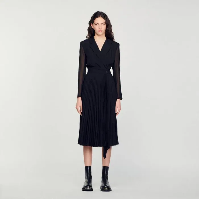 Women Dresses SANDRO Dualmaterial Longsleeved Dress Black