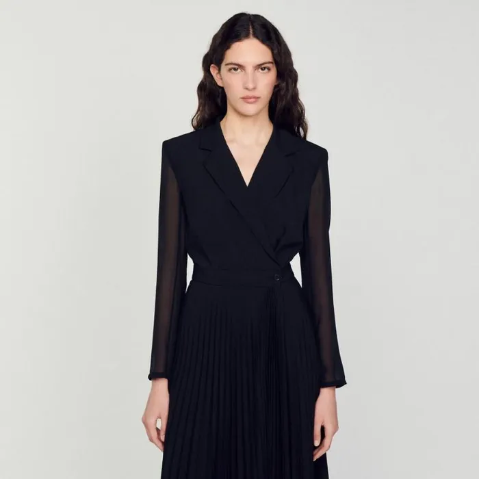 Women Dresses SANDRO Dualmaterial Longsleeved Dress Black